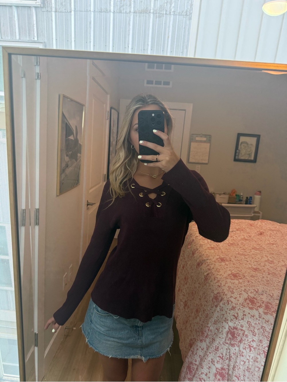 Womens Lace-Up Ribbed Long-Sleeve Top - Plum